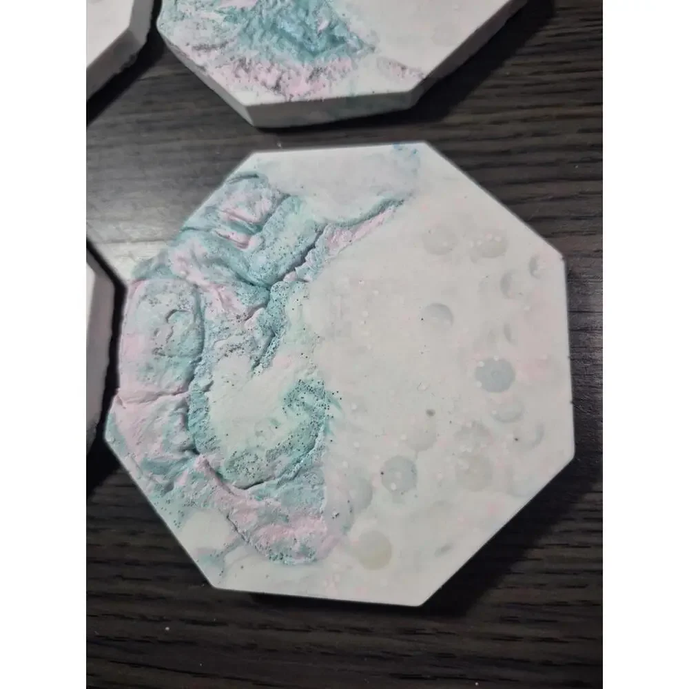 4 Teal/Pink White Marbled Eco Resin Stone Look Hexagon Coasters 4” Handmade